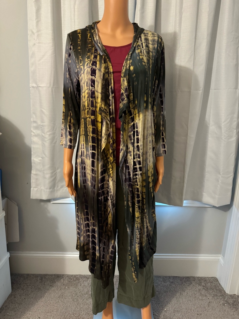 Cool Coin 1804 size M tie dye open front hooded midi shirt women great